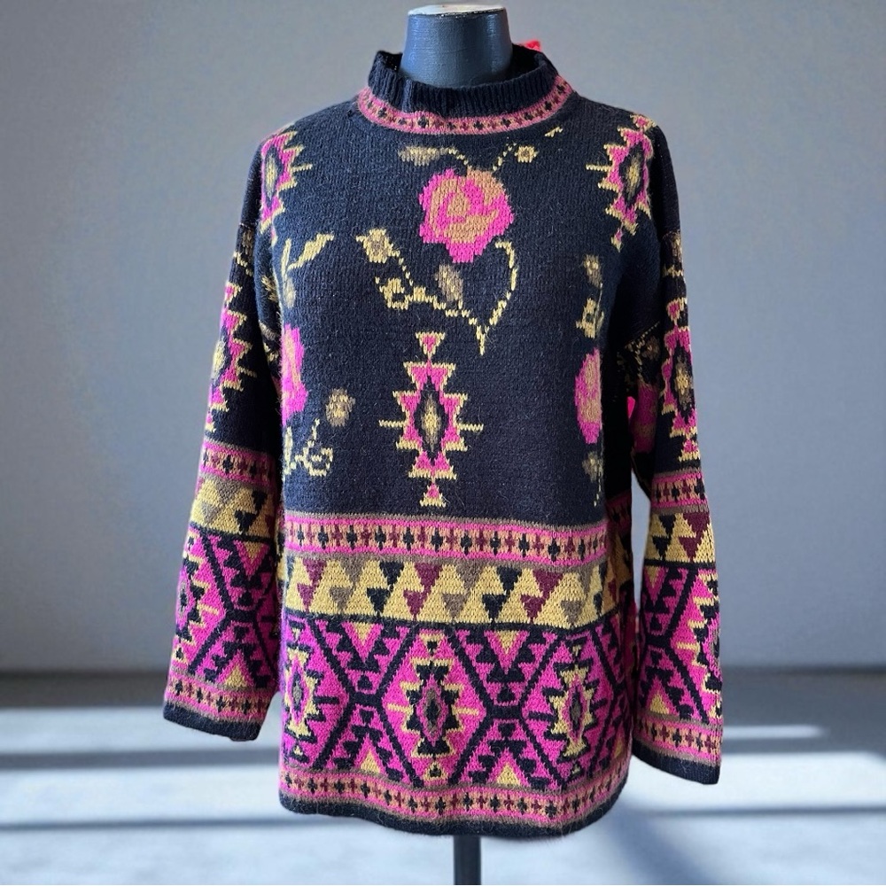 Vintage FairSet Colourful Aztec Patterned Knit Sweater Mock Neck Black Graphic